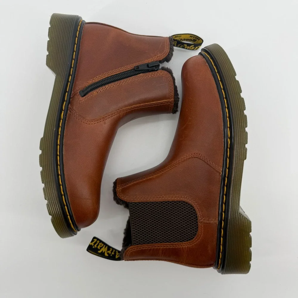 Dr. Martens 2976 Leonore Kids Brown Republic Leather Faux Fur Chelsea Boots 3 US